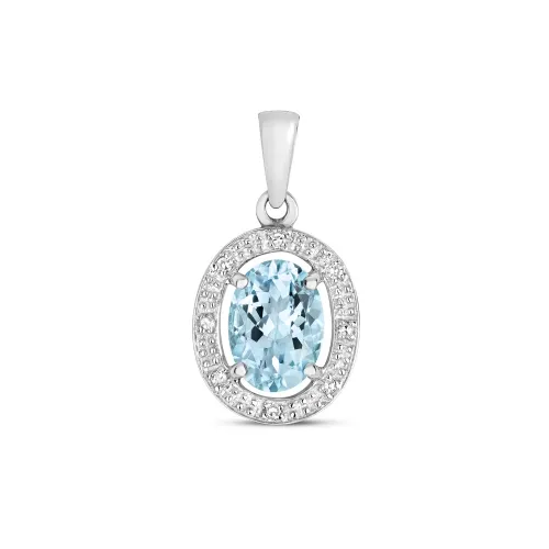 Diamond & 0.66ct Aquamarine Halo Pendant 9ct White Gold